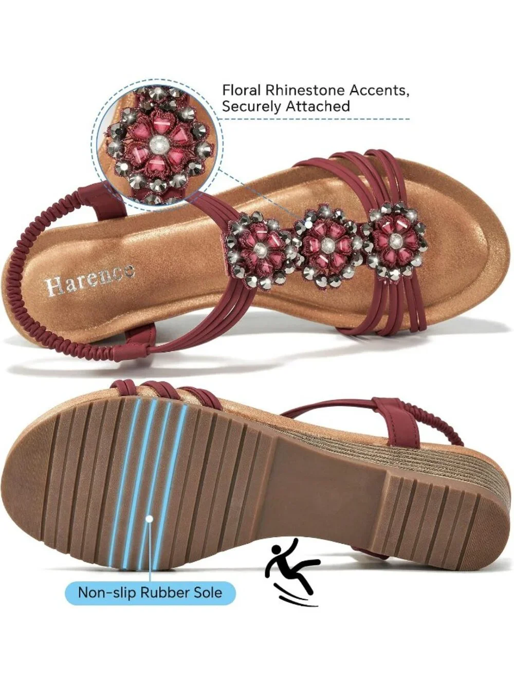 Women Wine Red Floral Rhinestone Elastic Slingback Low Wedge Heel Sandals Shoes